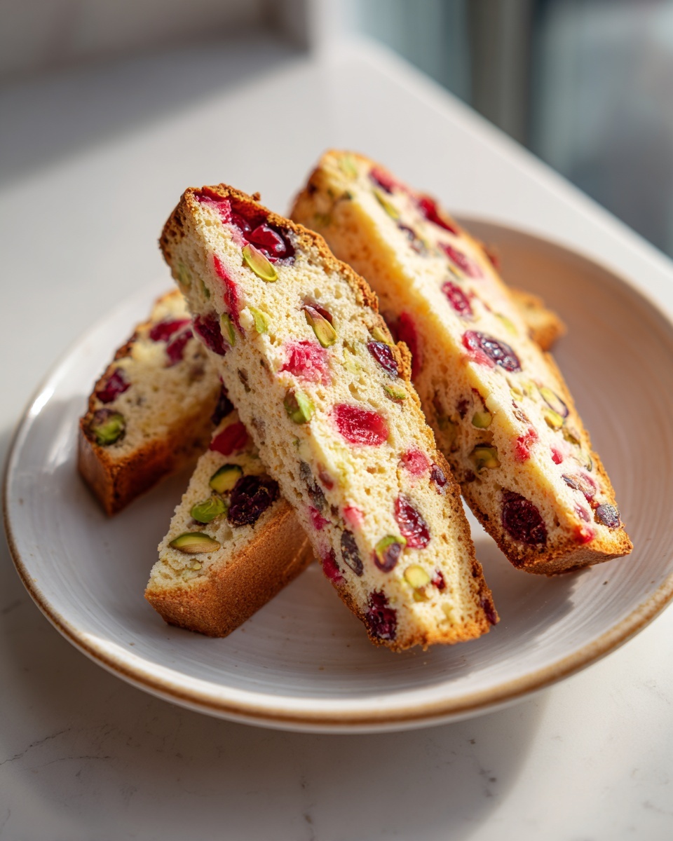 Four slices of lemon cranberry pistachio biscotti stacked on a light plate, showing visible pistachios and dried cranberries.