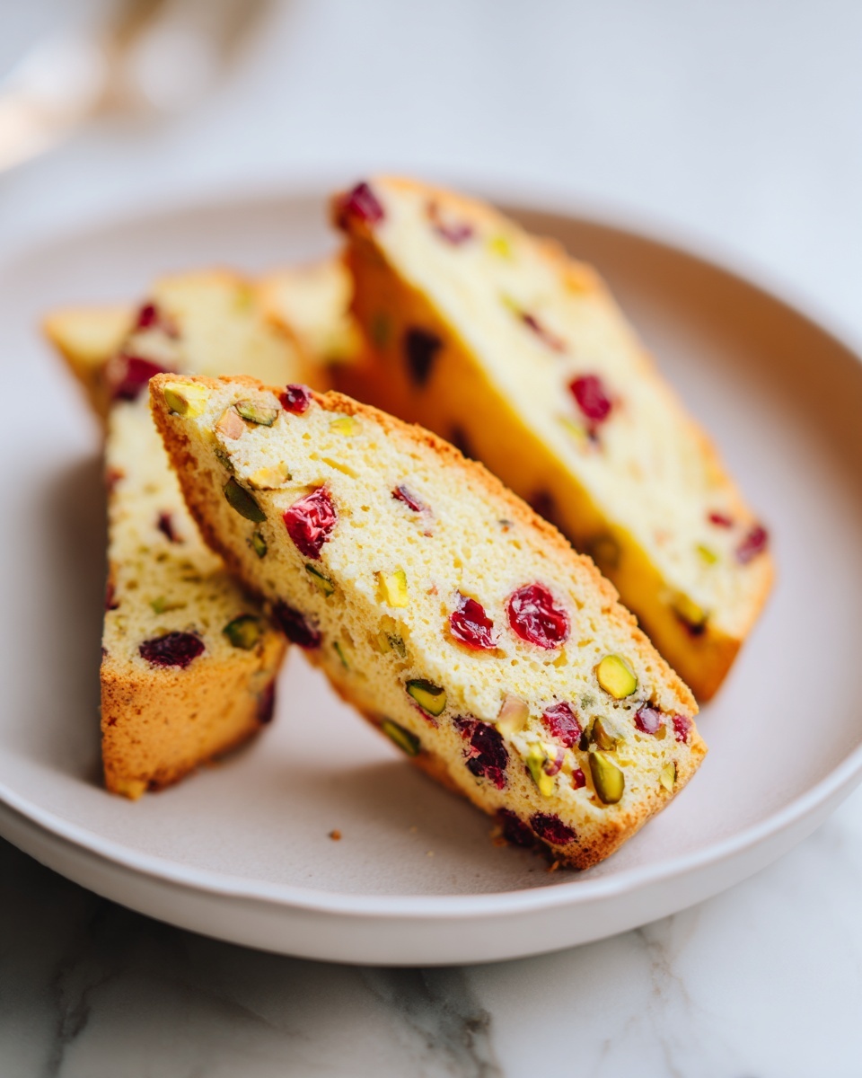 Close-up of three slices of lemon cranberry pistachio biscotti featuring bright red cranberries and green pistachios.