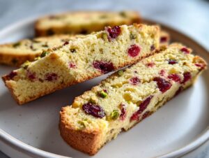 Close-up of two slices of lemon cranberry pistachio biscotti showing bright red cranberries and green pistachios embedded in the crumb.
