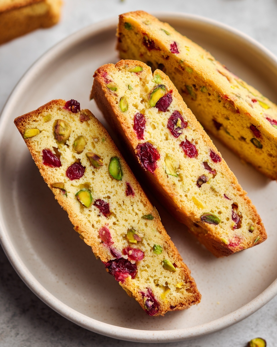 Close-up of three slices of lemon cranberry pistachio biscotti showing bright red cranberries and green pistachios embedded in the cookie.