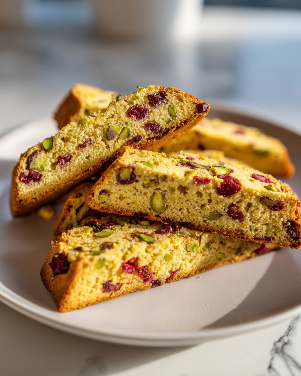 A stack of golden lemon cranberry pistachio biscotti slices showing visible dried cranberries and bright green pistachio pieces.