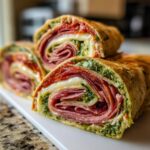 Close-up of three thick slices of savory italian pinwheels filled with cold cuts, cheese, and pesto.