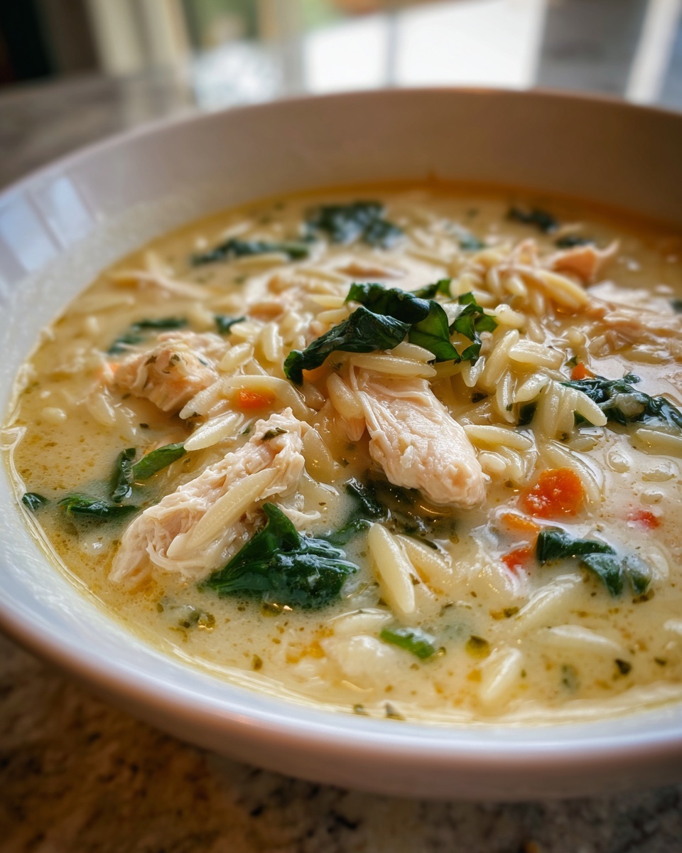 Close-up of a creamy marry me chicken orzo soup featuring shredded chicken, orzo pasta, and spinach.