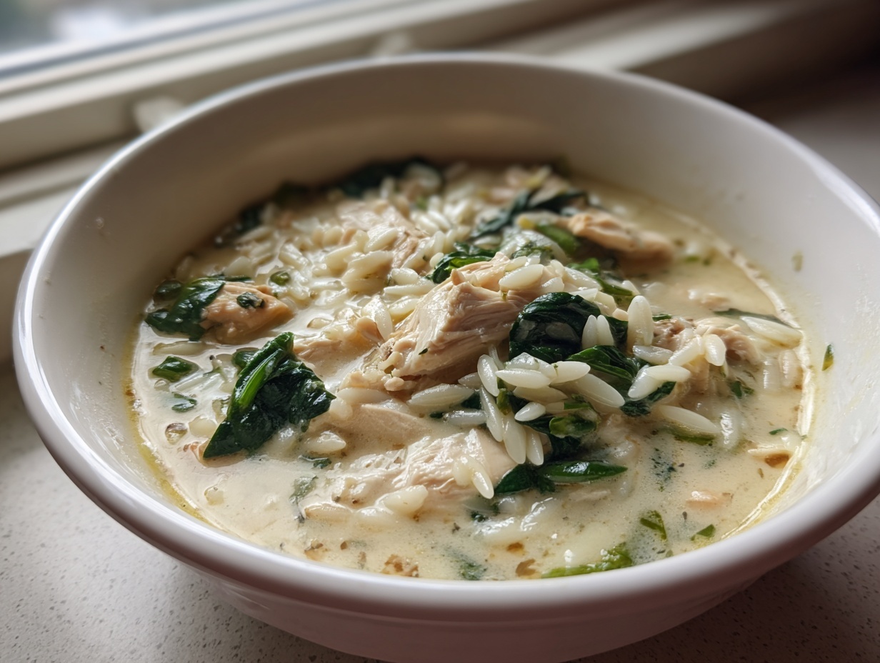 Close-up of a creamy marry me chicken orzo soup with chunks of chicken and wilted spinach in a white bowl.