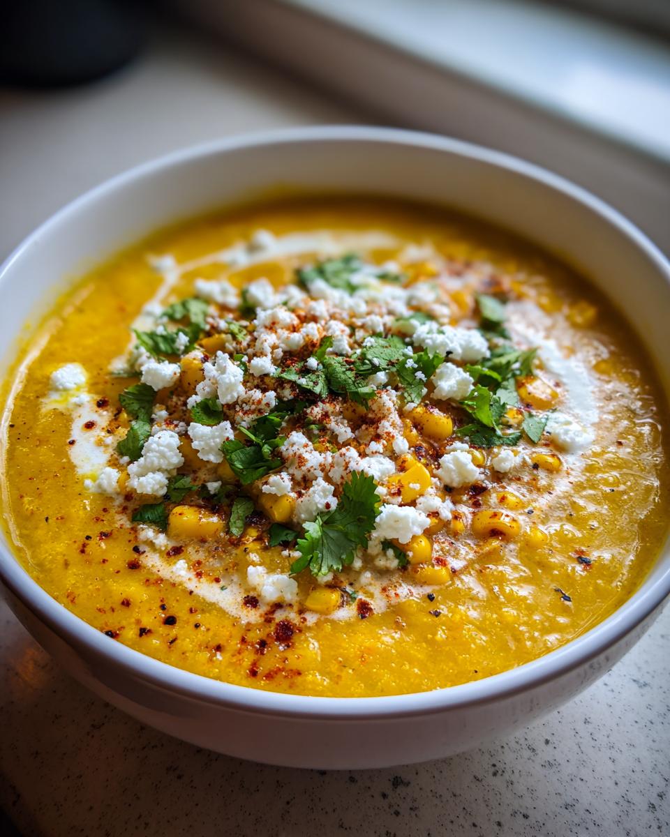 Close-up of a bowl of vibrant yellow mexican street corn soup garnished with cotija cheese, cilantro, and chili powder.