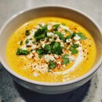 A close-up of a bowl of vibrant yellow mexican street corn soup topped with cotija cheese, cilantro, and chili powder.