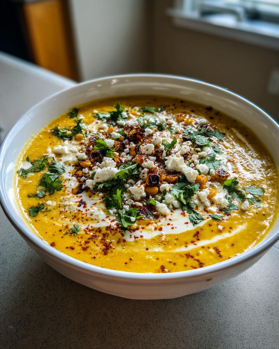 A vibrant bowl of creamy mexican street corn soup garnished with charred corn, cotija cheese, cilantro, and chili powder.