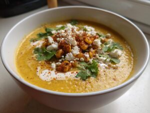 A close-up of a bowl of creamy, yellow mexican street corn soup topped with cotija cheese, charred corn, and cilantro.