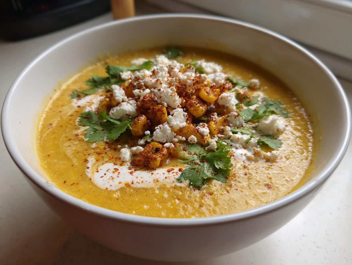 A close-up of a bowl of creamy, yellow mexican street corn soup topped with cotija cheese, charred corn, and cilantro.