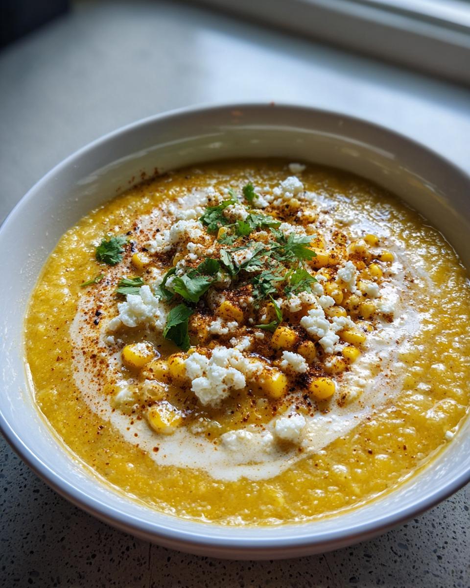Close-up of a bowl of vibrant yellow mexican street corn soup, garnished with cotija cheese, chili powder, and cilantro.