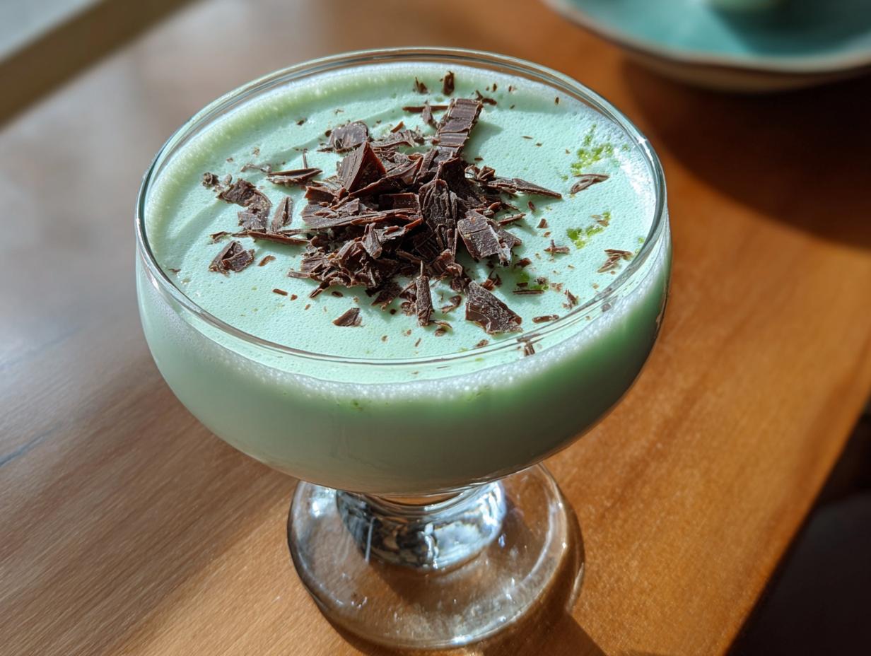 A creamy, pale green mint white chocolate martini topped generously with dark chocolate shavings.