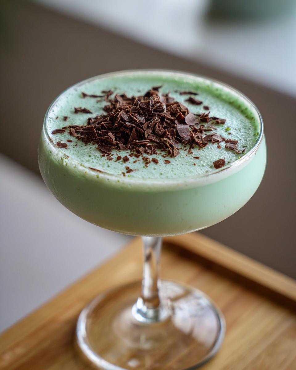 A pale green mint white chocolate martini topped with dark chocolate shavings in a coupe glass.