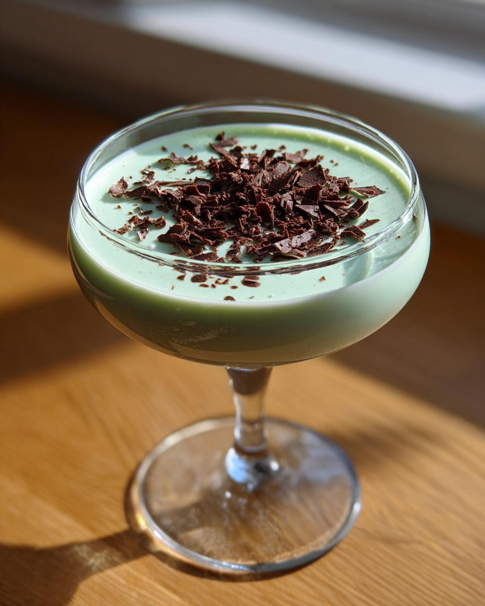 A creamy, pale green mint white chocolate martini topped with dark chocolate shavings in a coupe glass.