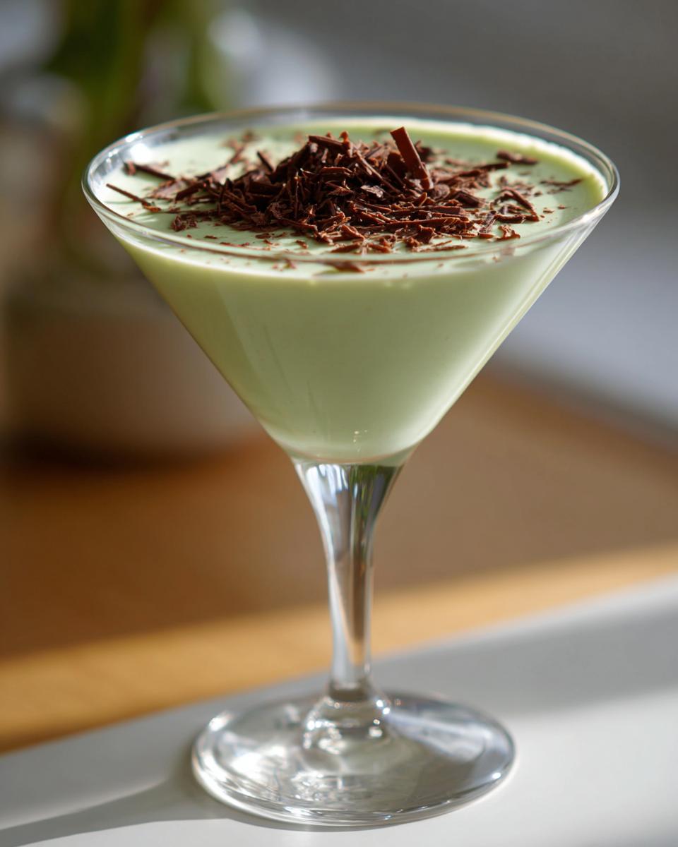 A creamy, pale green mint white chocolate martini topped with dark chocolate shavings in a classic martini glass.