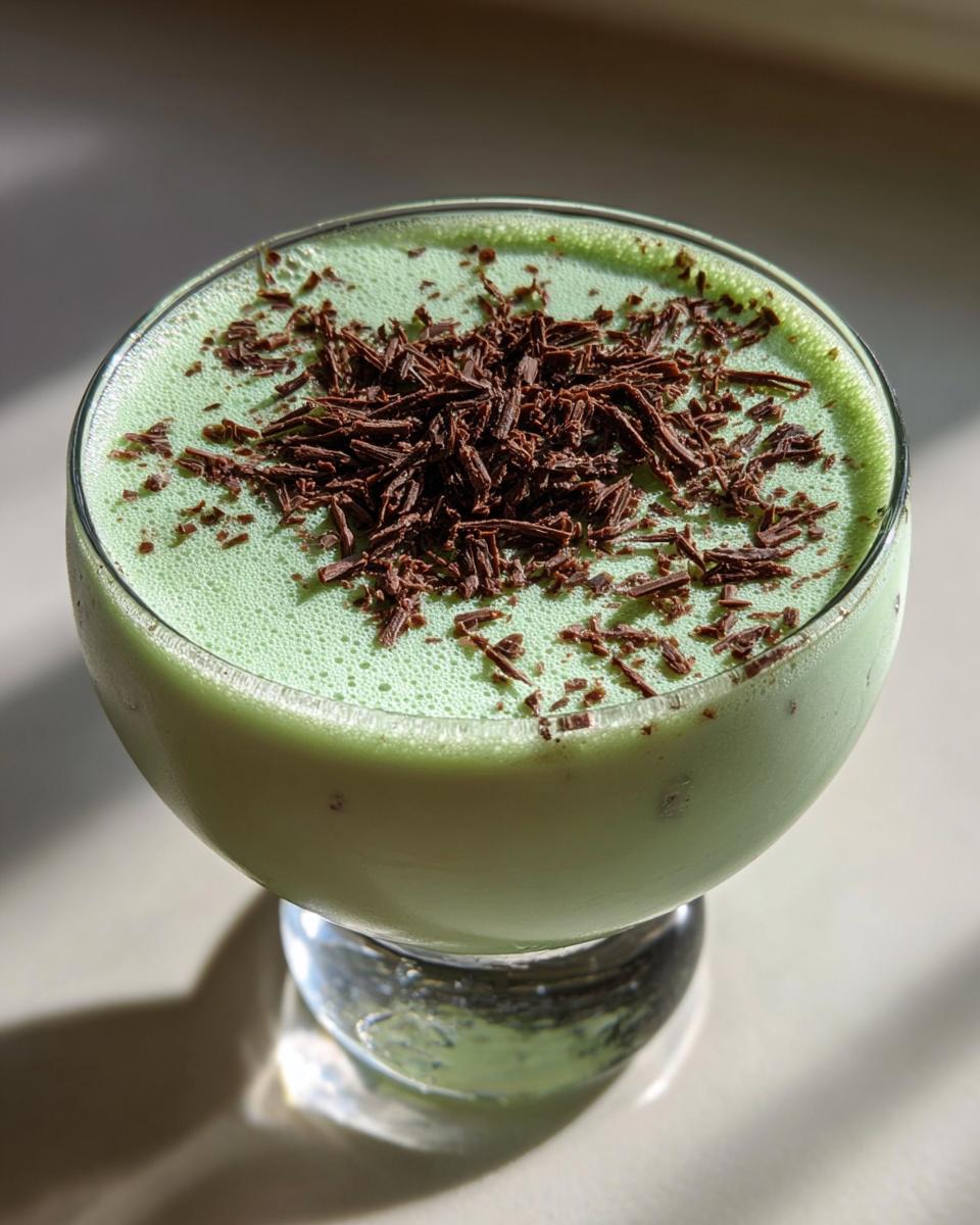 A creamy, pale green mint white chocolate martini topped generously with dark chocolate shavings.