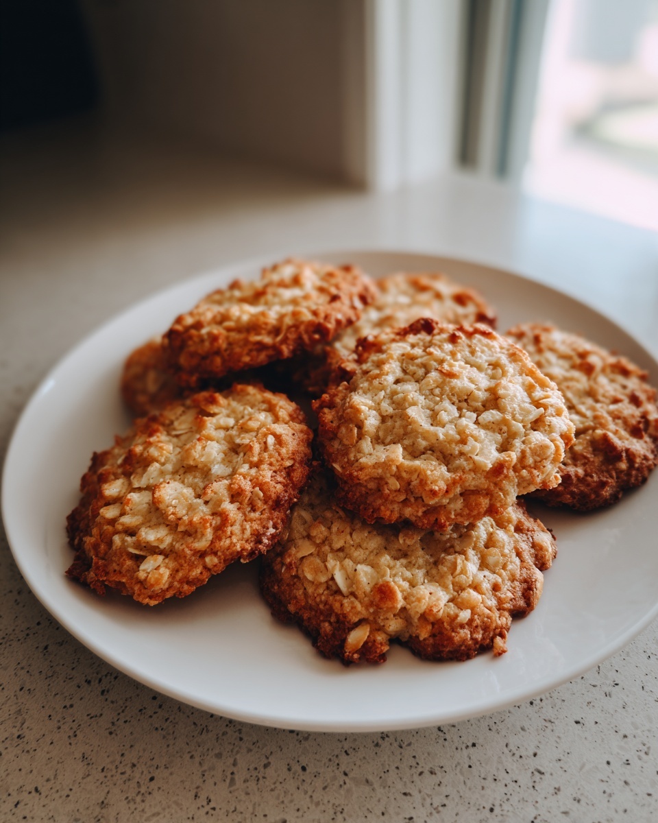A plate piled high with golden brown oatmeal coconut cookies, showing visible oats and crispy edges.