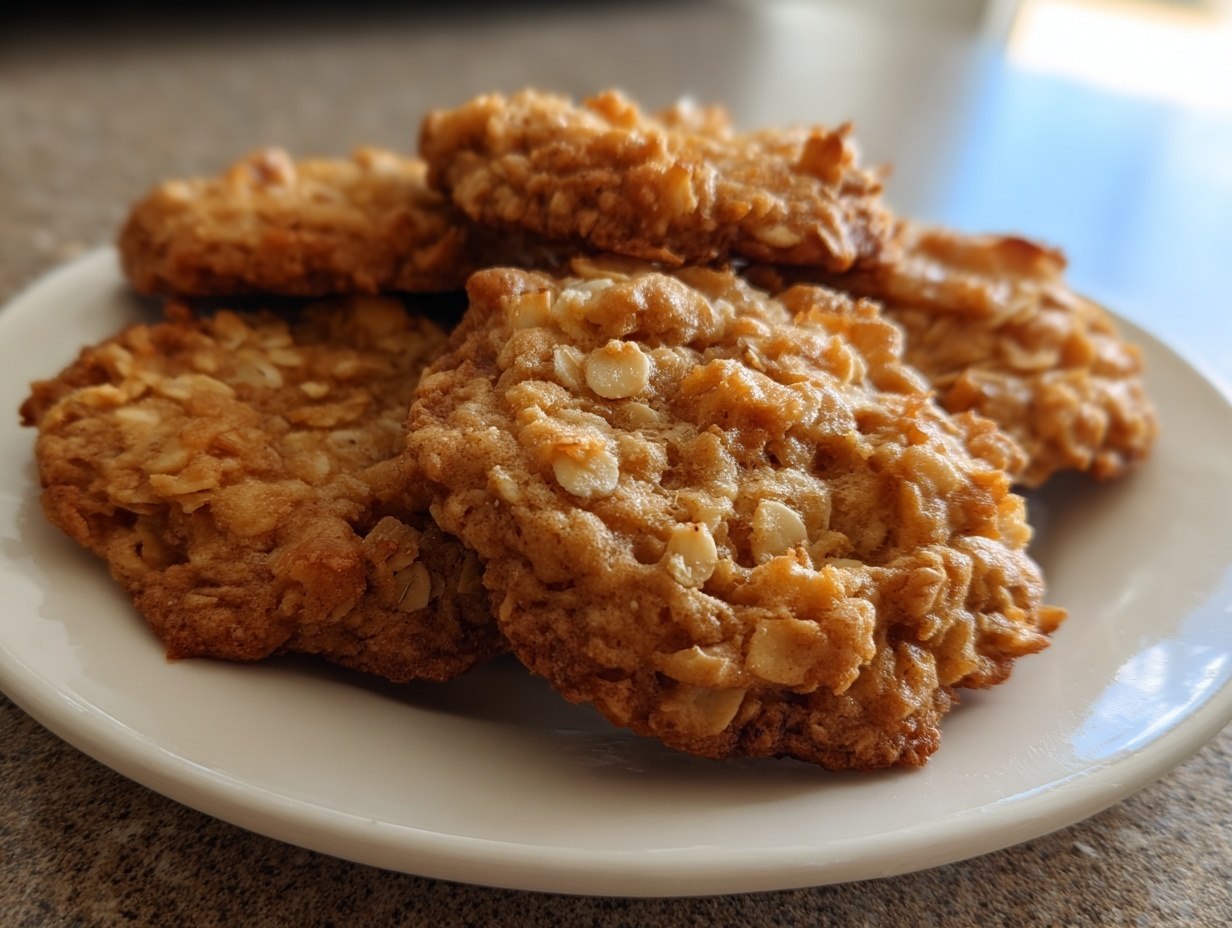 A close-up of several golden brown oatmeal coconut cookies piled on a white plate.