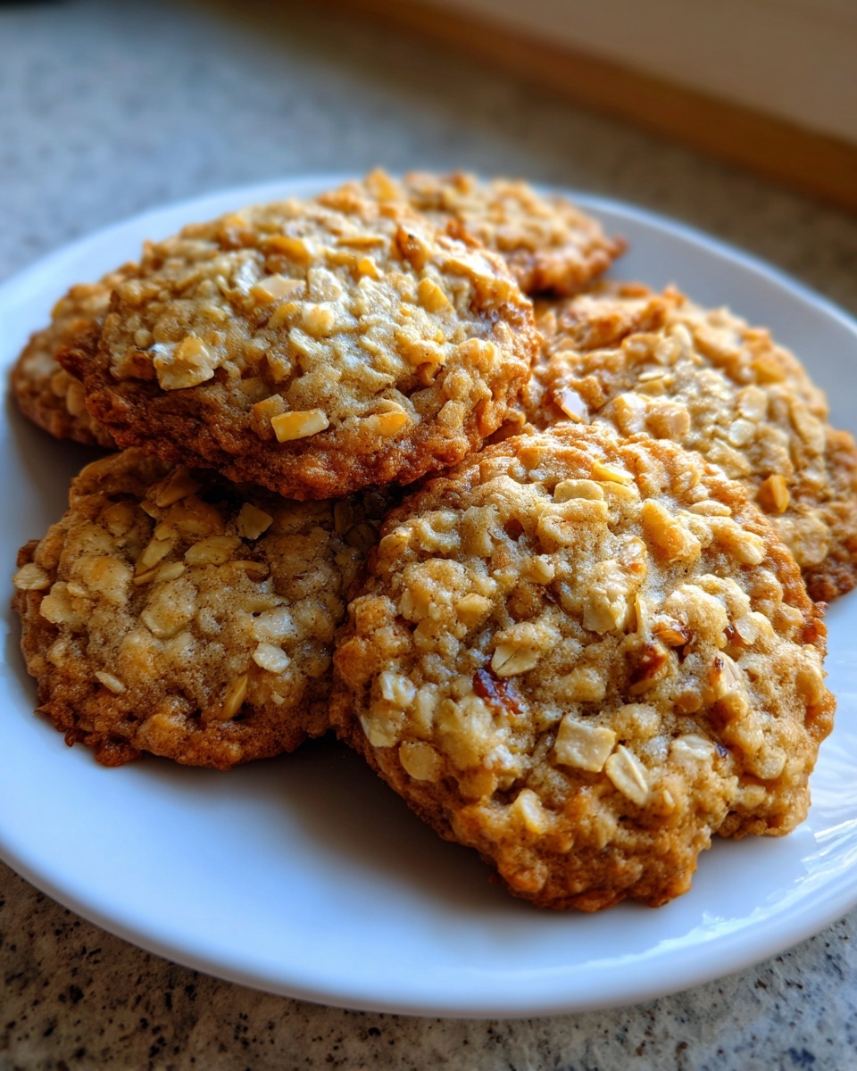 A stack of golden brown oatmeal coconut cookies piled on a white plate, showing visible oats and coconut flakes.