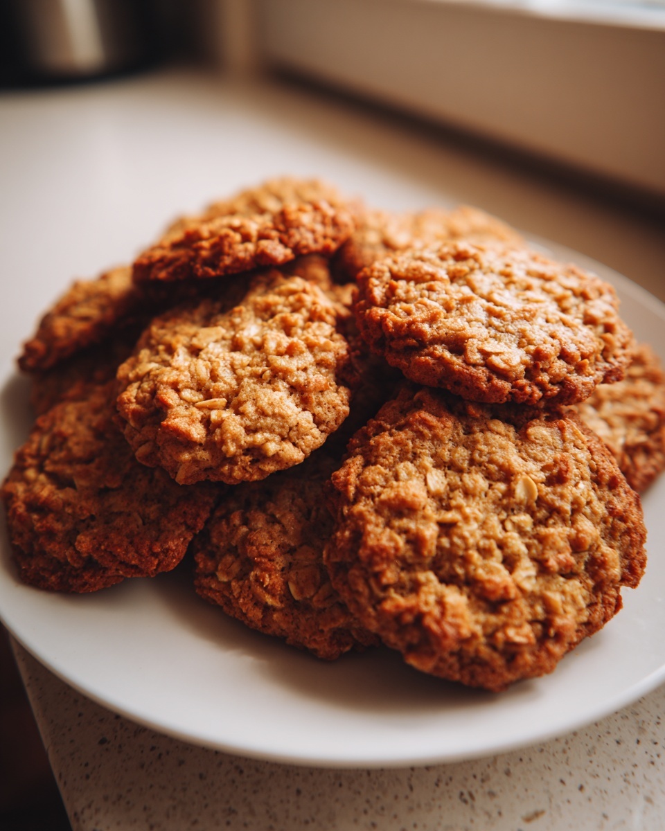 A close-up stack of golden brown oatmeal coconut cookies resting on a white plate.