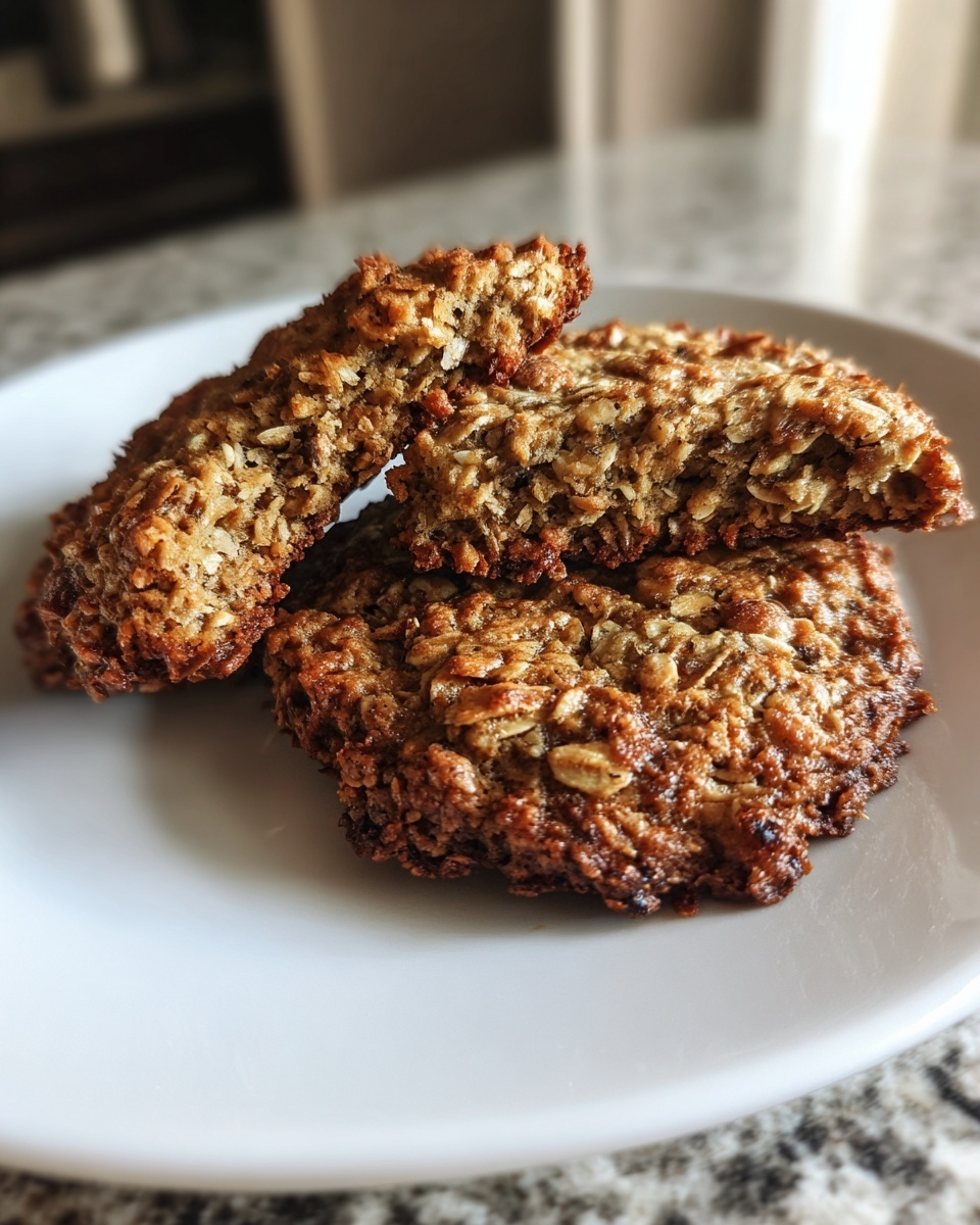 Three golden brown oatmeal coconut cookies stacked on a white plate, showing texture.