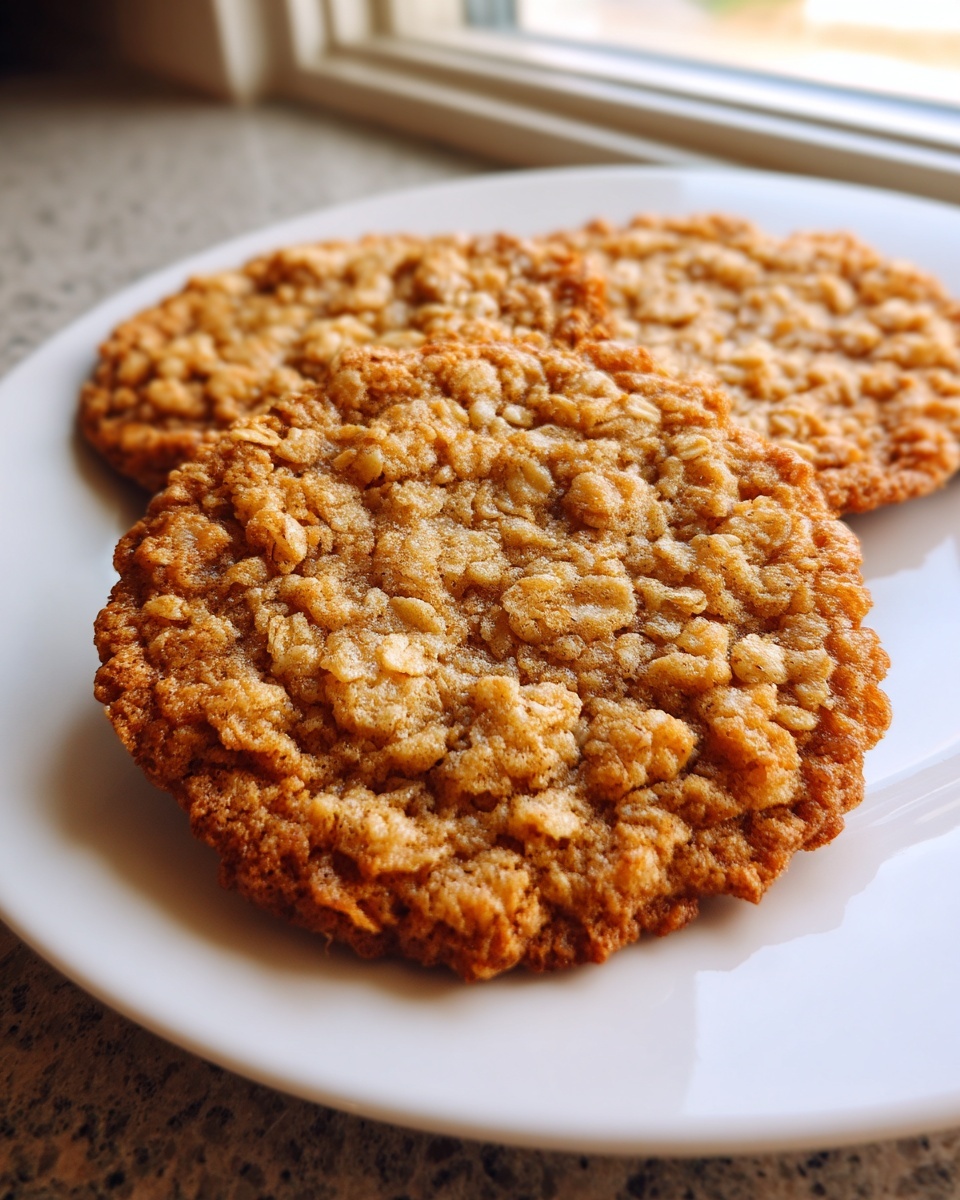 Close-up of two golden brown, textured oatmeal lace cookies resting on a white plate.