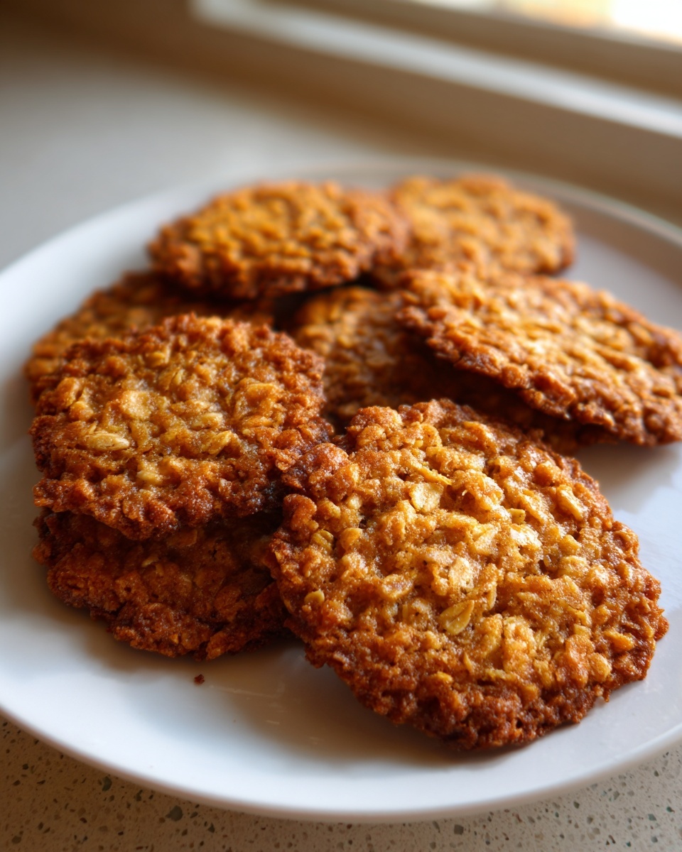 A stack of crispy, golden brown oatmeal lace cookies resting on a white plate.