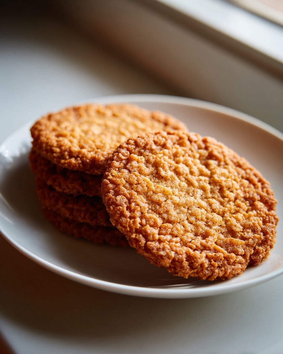 A stack of golden brown, textured oatmeal lace cookies resting on a white plate near a window.