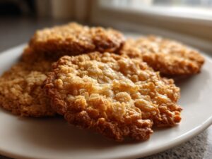 Close-up of several golden brown oatmeal lace cookies with a delicate, crispy texture piled on a white plate.