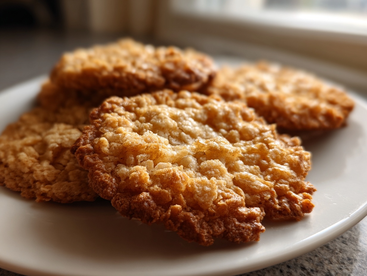 Close-up of several golden brown oatmeal lace cookies with a delicate, crispy texture piled on a white plate.