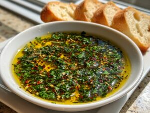 Close-up of a white bowl filled with olive oil bread dip seasoned with green herbs and red pepper flakes.