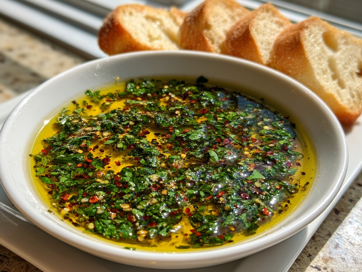 Close-up of a white bowl filled with olive oil bread dip seasoned with green herbs and red pepper flakes.