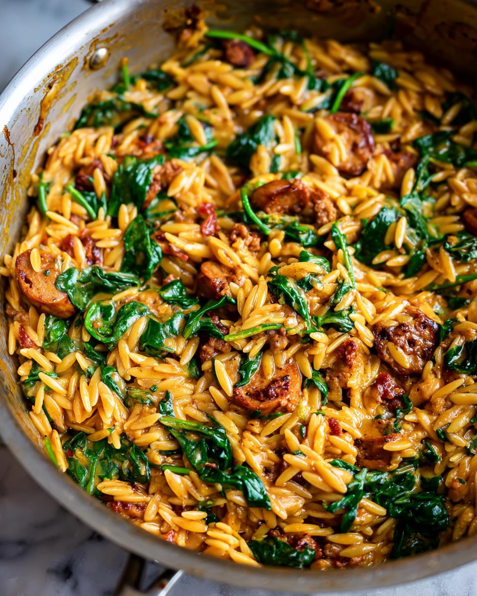 Close-up of creamy sausage orzo pasta mixed with wilted spinach in a stainless steel skillet.