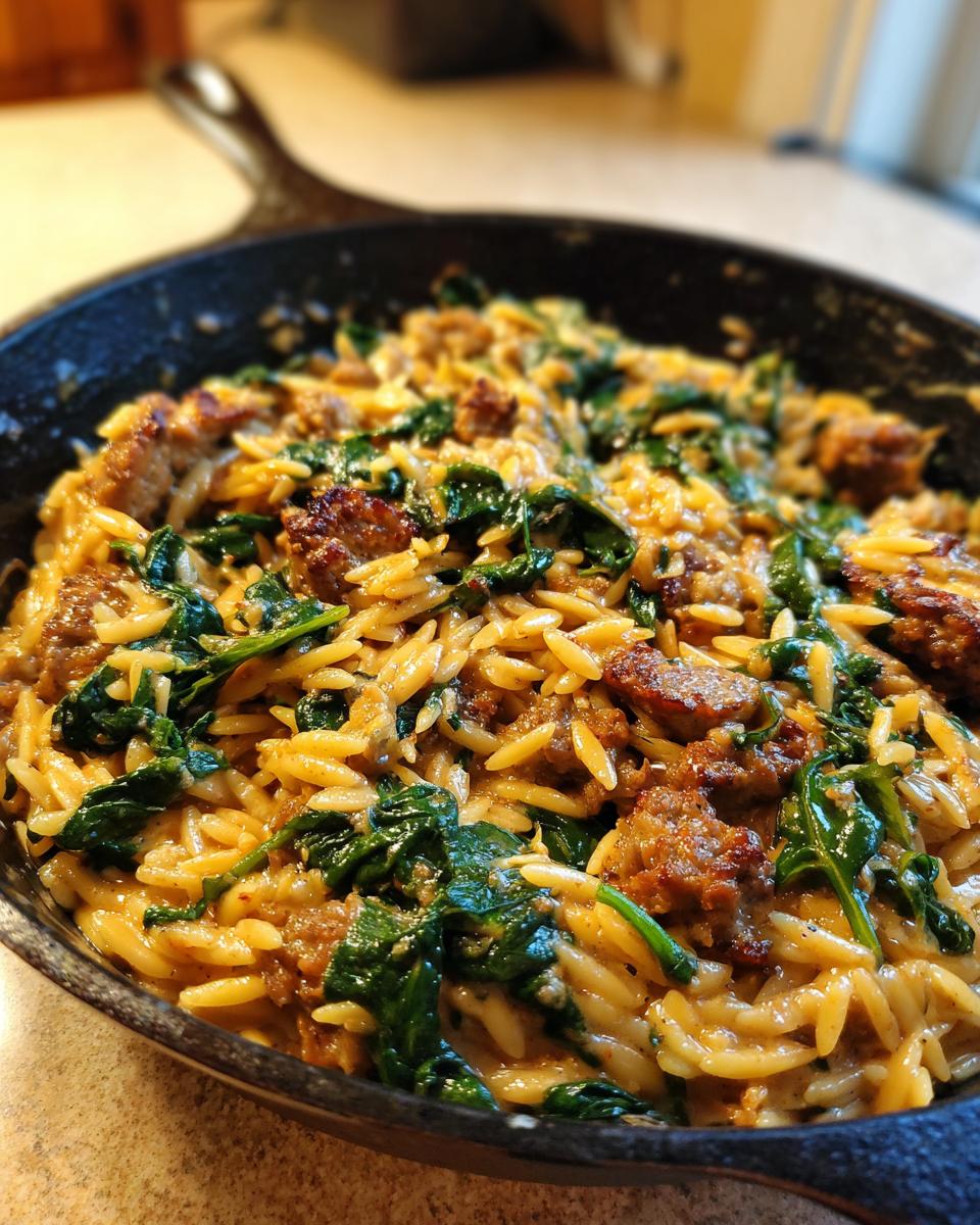 Close-up of creamy sausage orzo pasta mixed with wilted spinach, served hot in a cast iron skillet.