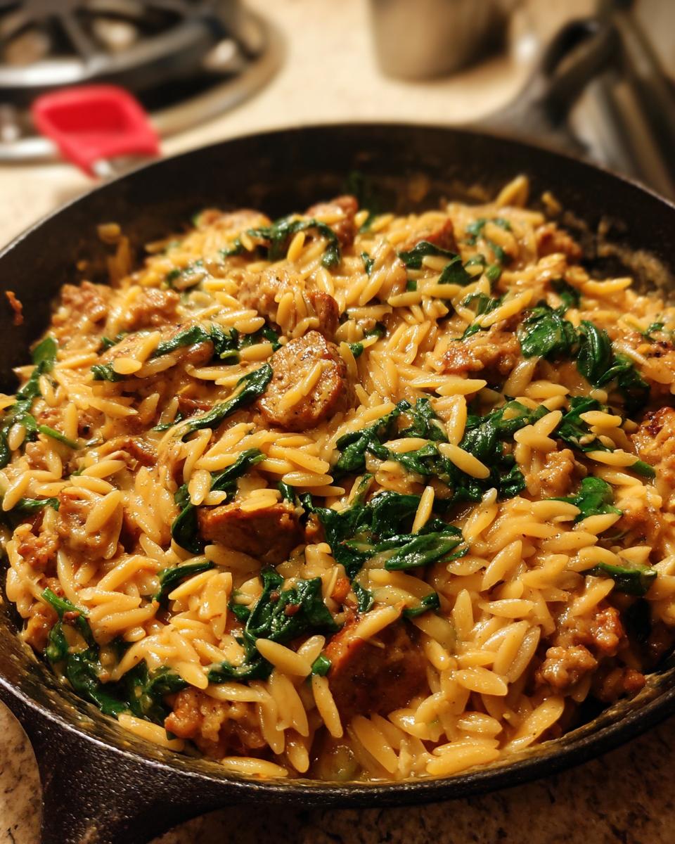 Close-up of creamy sausage orzo pasta mixed with wilted spinach, served directly in a dark cast iron skillet.