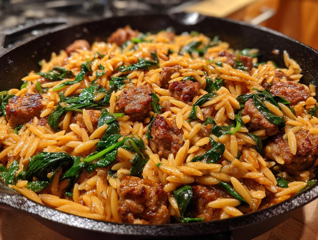 Close-up of delicious sausage orzo pasta mixed with wilted spinach, served hot in a black cast iron skillet.