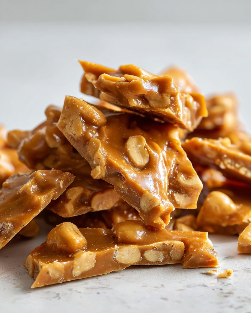 Close-up of broken pieces of golden brown peanut brittle recipe stacked together, showing peanuts embedded in the candy.