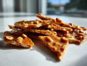 Close-up of broken, glossy pieces of homemade peanut brittle recipe scattered on a white surface.