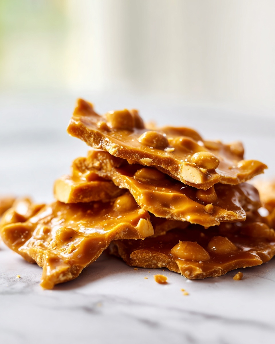 Stack of golden brown, glossy pieces of homemade peanut brittle recipe scattered on a white marble surface.