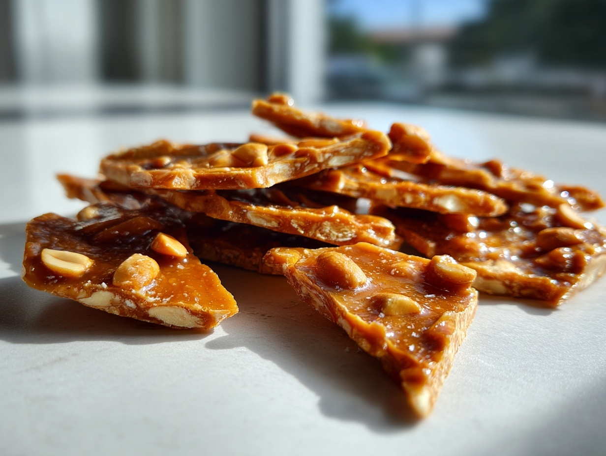 Close-up of broken, glossy pieces of homemade peanut brittle recipe scattered on a white surface.