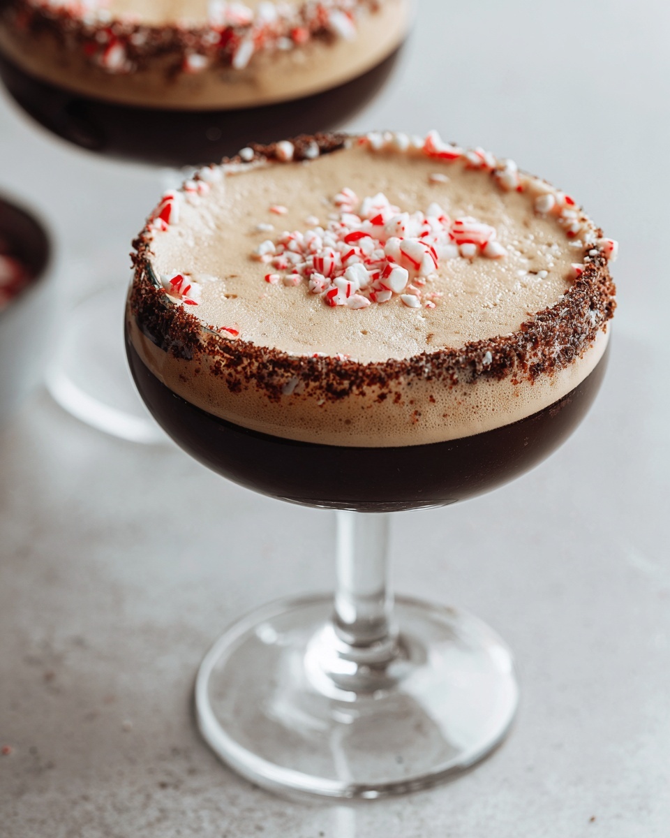 Close-up of a peppermint espresso martini with a chocolate rim and crushed candy cane topping.