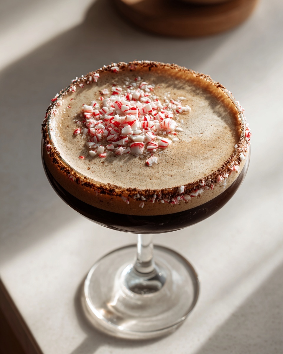 A rich peppermint espresso martini topped with crushed candy canes and a chocolate rim.