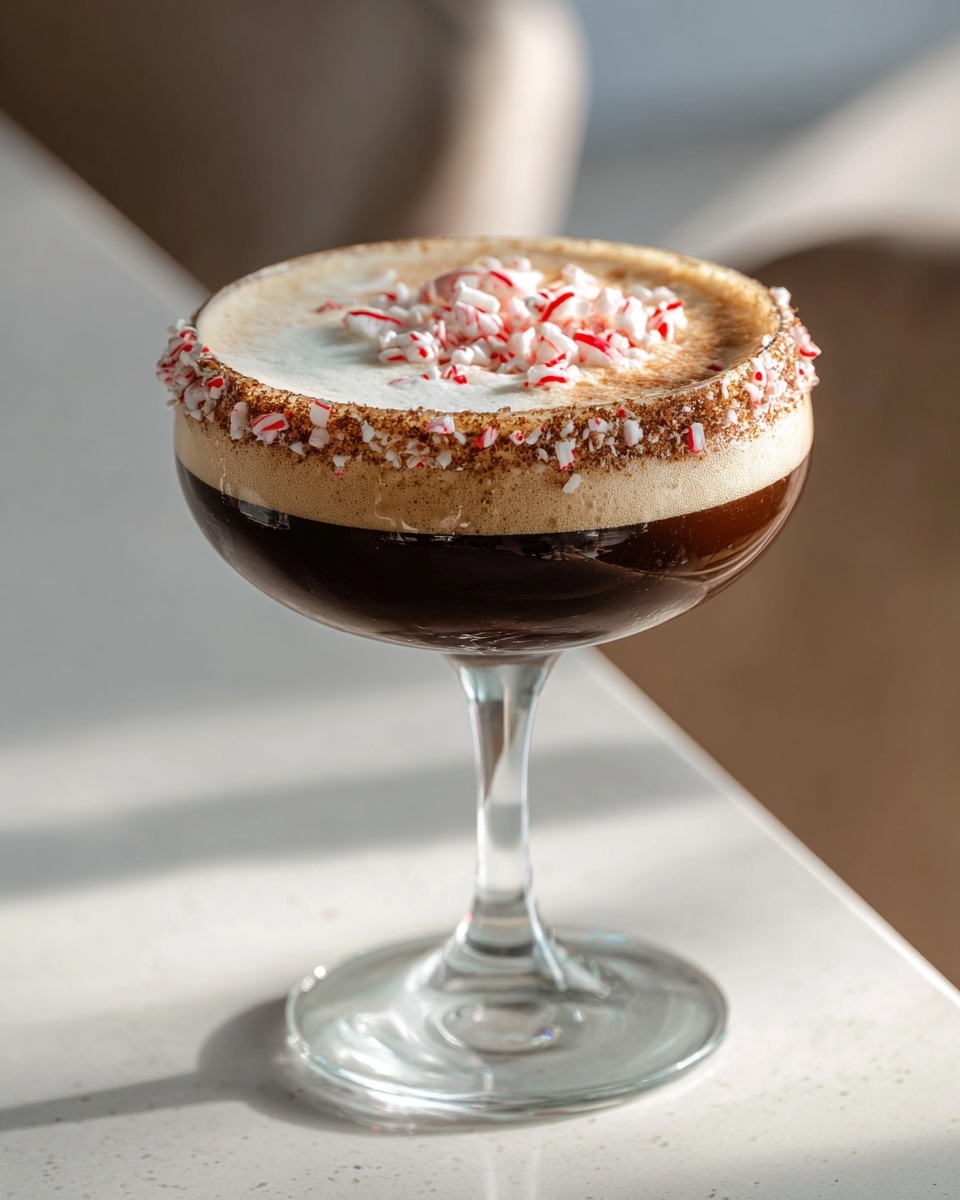 A rich peppermint espresso martini topped with foam and crushed candy canes, featuring a festive rim.