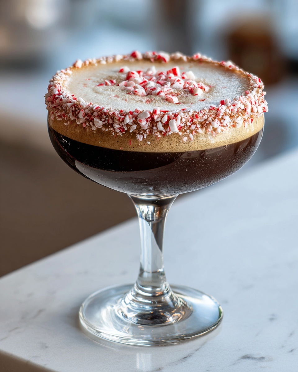 A rich, dark peppermint espresso martini topped with foam and crushed candy canes in a stemmed glass.