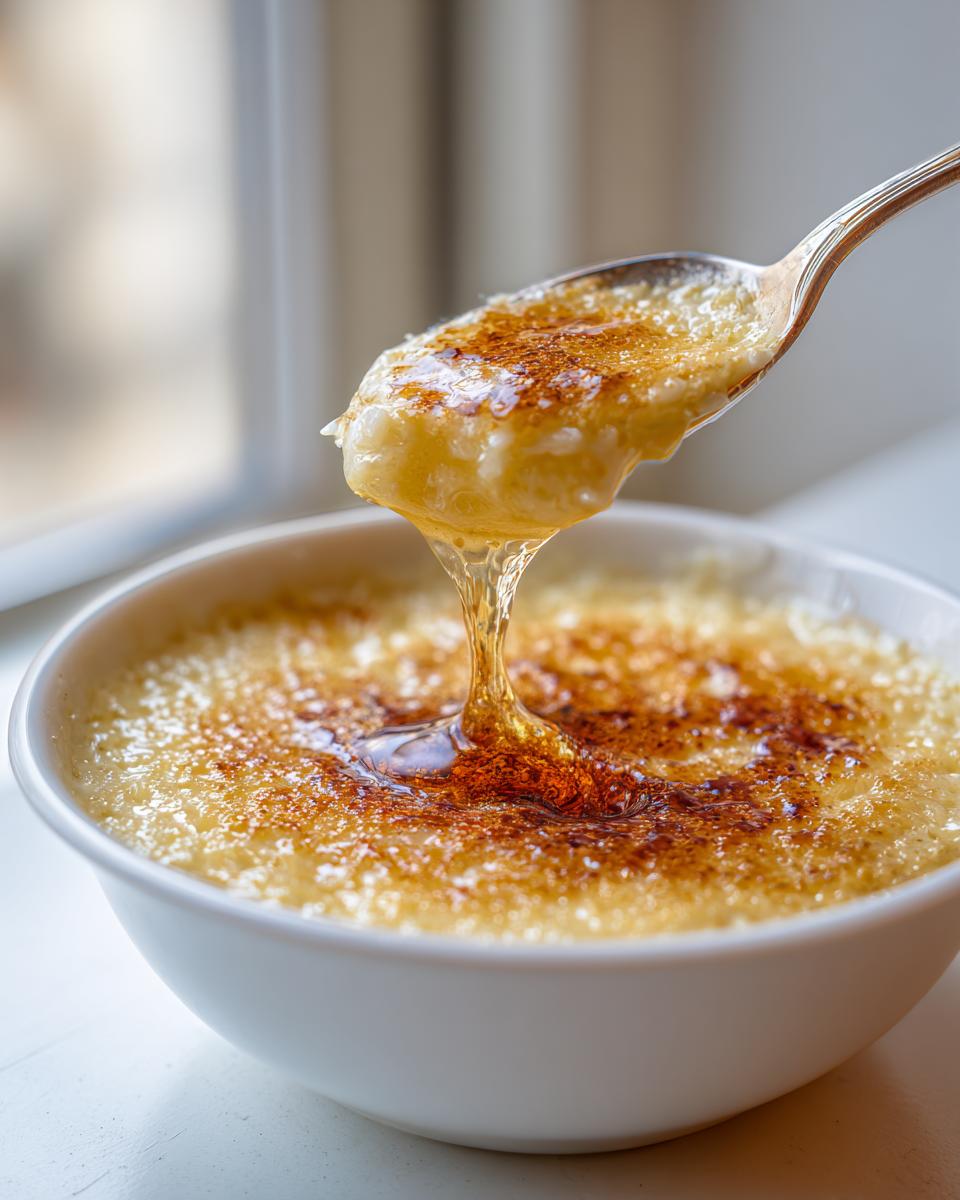A spoonful of creamy steamed egg custard being lifted from a bowl, dripping with golden caramel sauce.