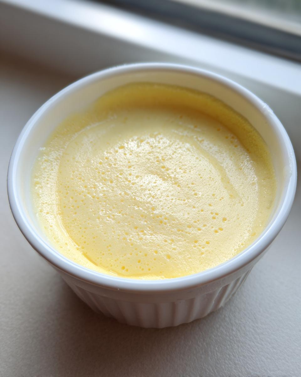 Close-up of a light yellow, perfectly smooth steamed egg custard with small bubbles on top, served in a white ramekin.