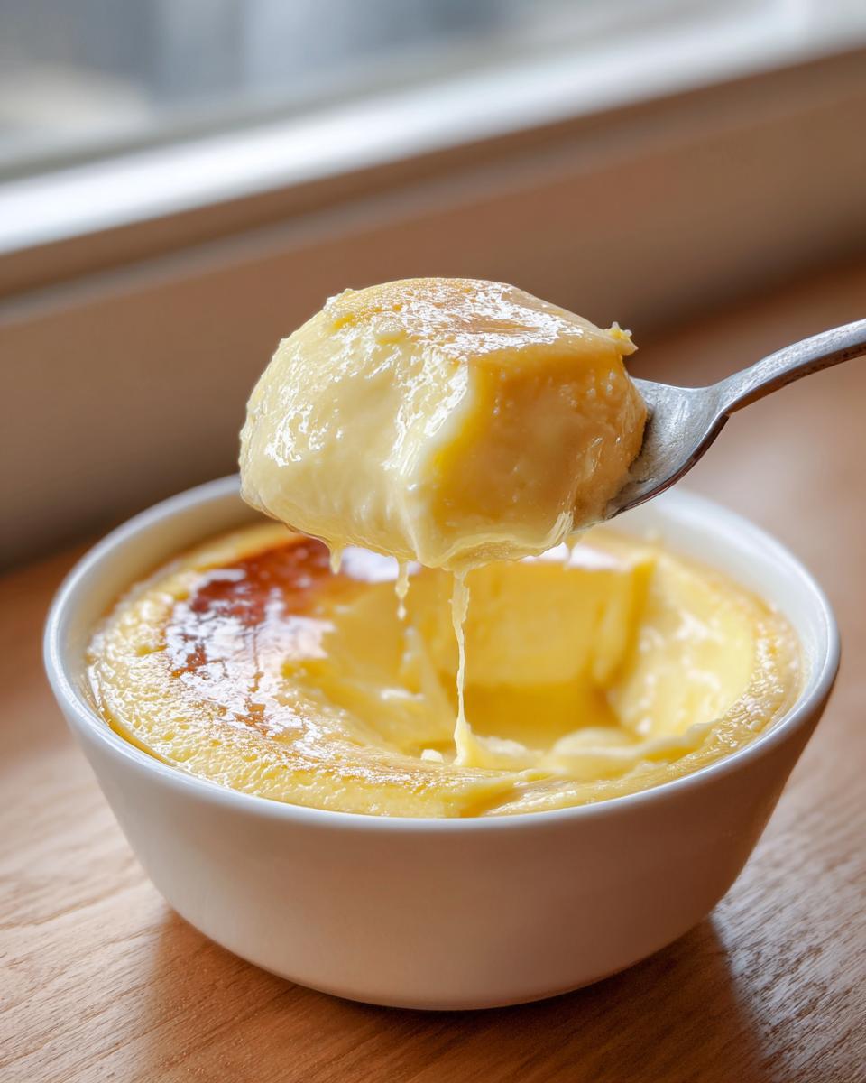 A spoonful of silky, jiggly steamed egg custard being lifted from a white bowl, showing its creamy texture.