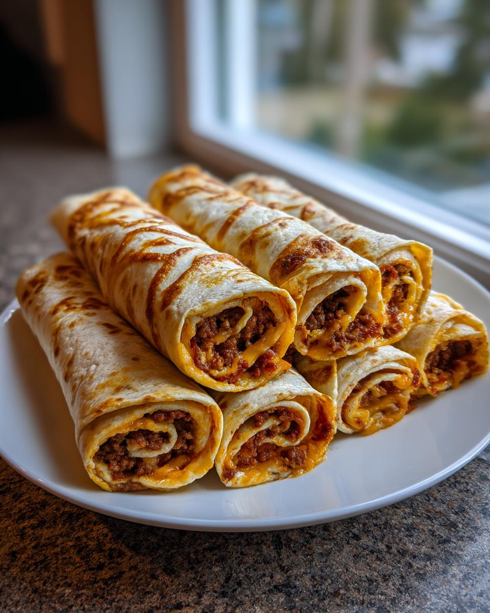 A stack of baked taco pinwheels filled with seasoned ground meat and melted cheese, resting on a white plate.