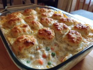 Close-up of a bubbling pot pie casserole topped with golden brown biscuits, showing creamy filling and vegetables.