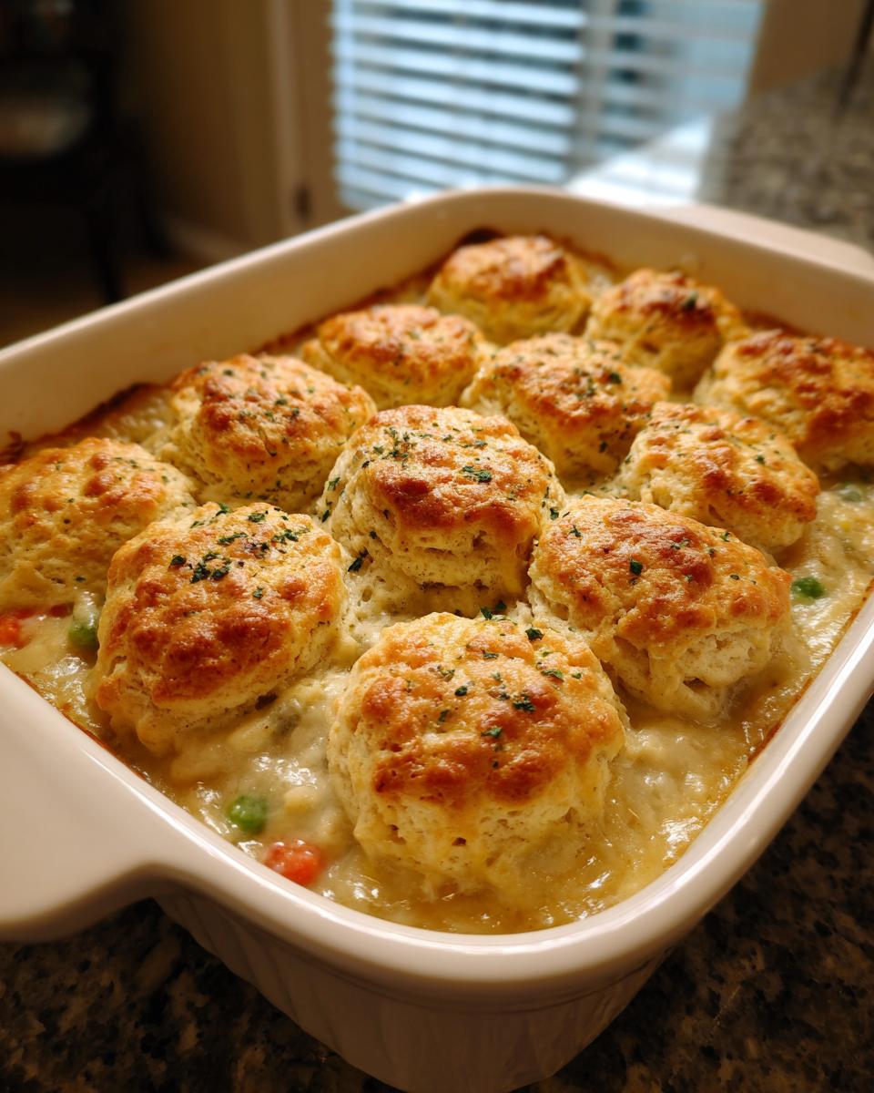 A white baking dish filled with creamy chicken pot pie casserole topped with golden brown pot pie casserole biscuits.