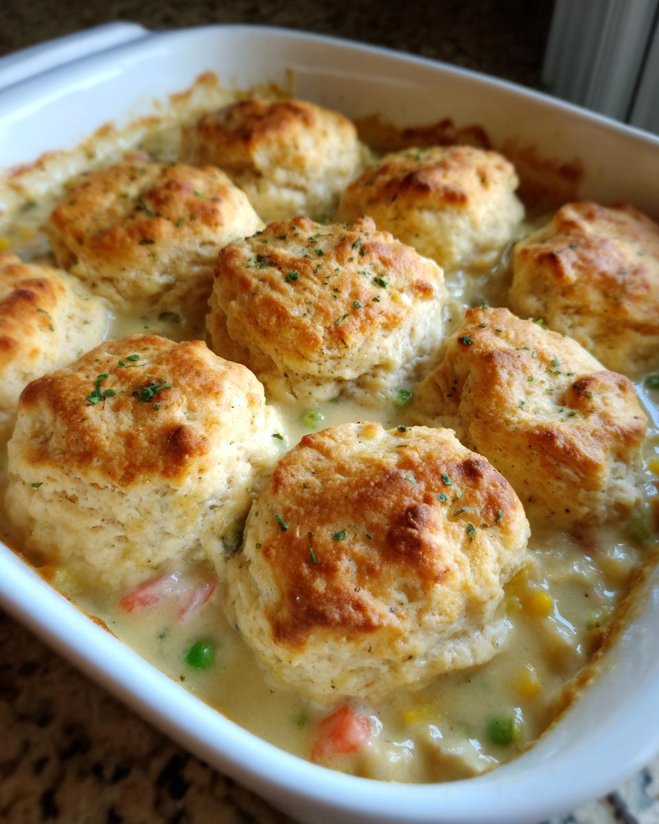 Close-up of baked pot pie casserole biscuits topping a creamy vegetable filling in a white baking dish.